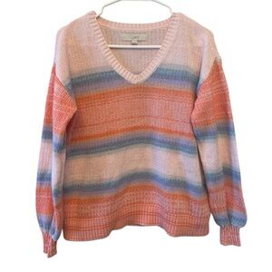 LOFT Women's V-Neck Sweater - Pink, Blue, and Orange Size XS